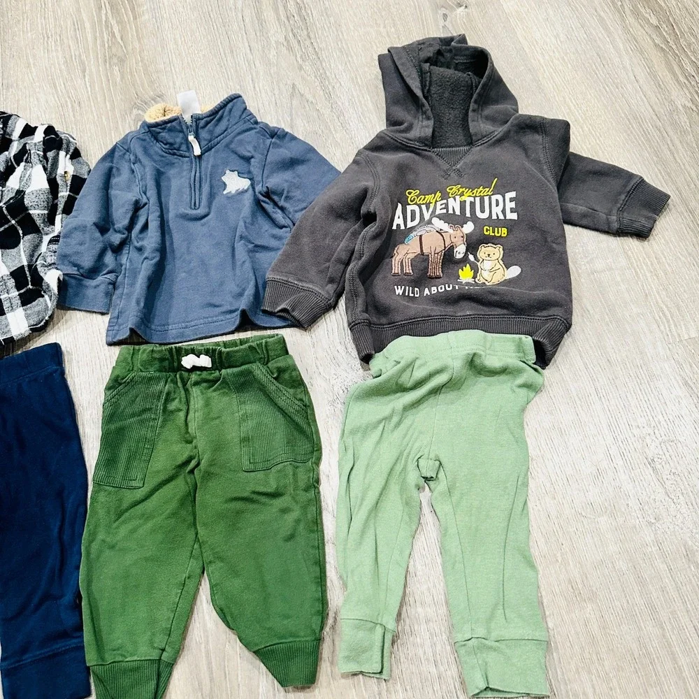 Carter's Okie Dokie Baby Boy 6 Piece Outfit Bundle‎ Plaid Hoodie Pants 9M